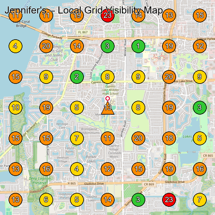 Jennifer's Women'S Clothing Store GeoGrid ranking map for Fort Myers FL